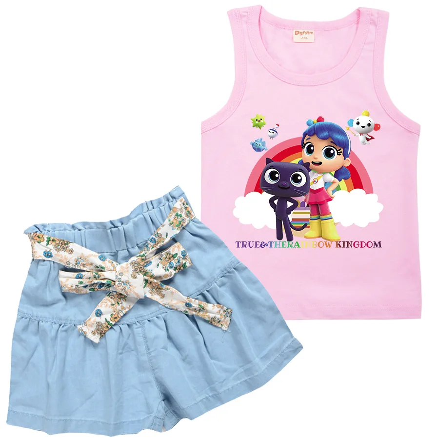 

2-16Y Kids Summer Clothing Sets Toddler Girls Sleeveless Tees Suits True and The Rainbow Vest + A-Line Jeans Shorts 2-piece Set