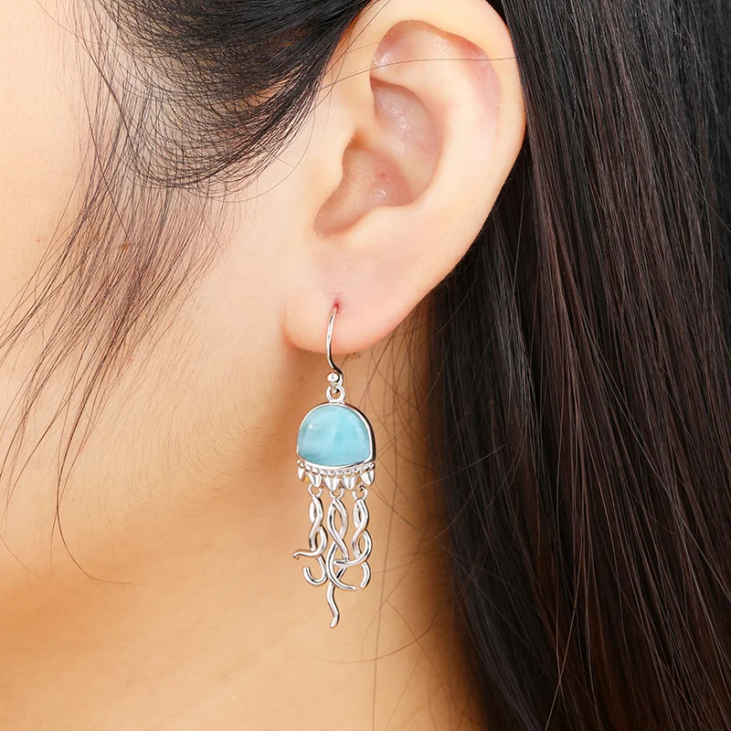 925 Sterling Silver Jewelry Gifts Sea Life Jellyfish Women Earring Natural Precious Larimar Retro Charm Rhodium Plated Eardrop