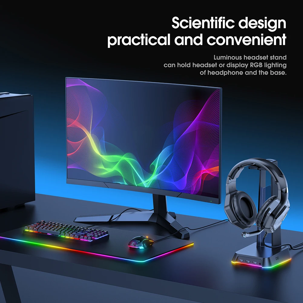 RGB Gaming Headphone Stand ONIKUMA ST2 Computer Headset Stand Holder Desktop Display Luminous with 3 USB and 3.5mm AUX Ports