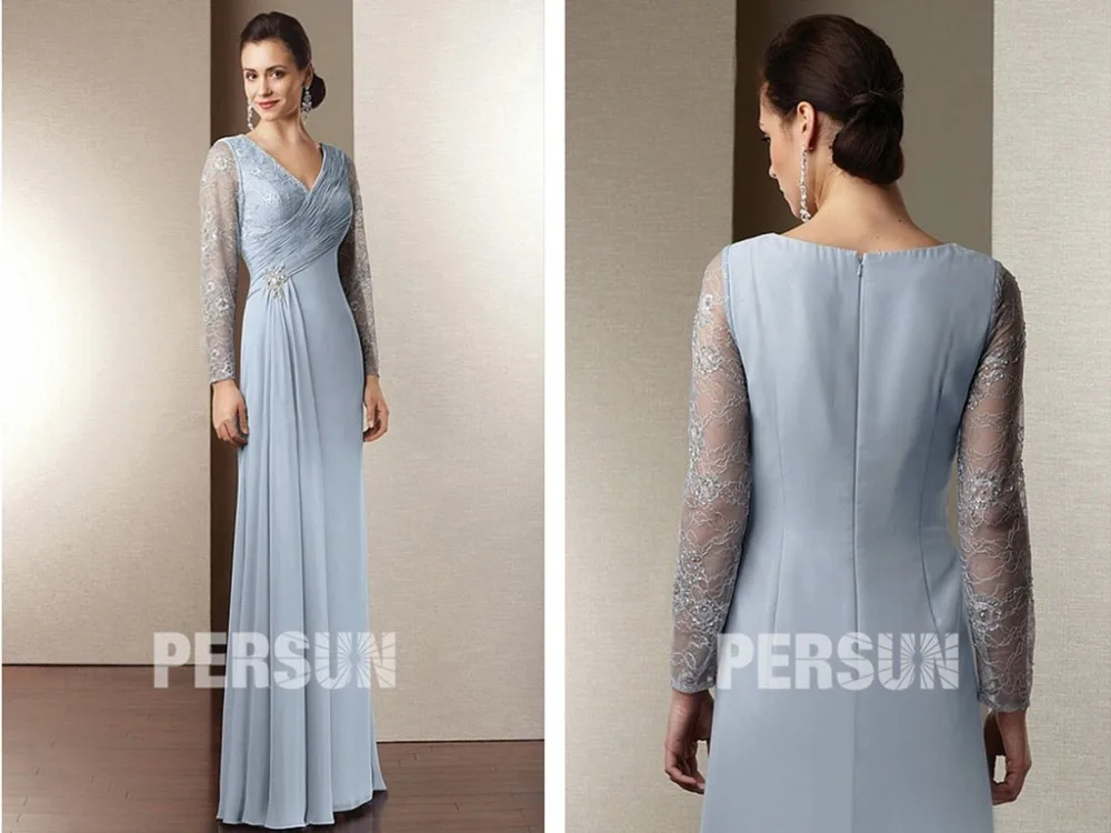 

long sleeves beading 2015 new hot sexy v-neck floor-length Mother of the Bride lace Dresses free shipping vestido de madrinha