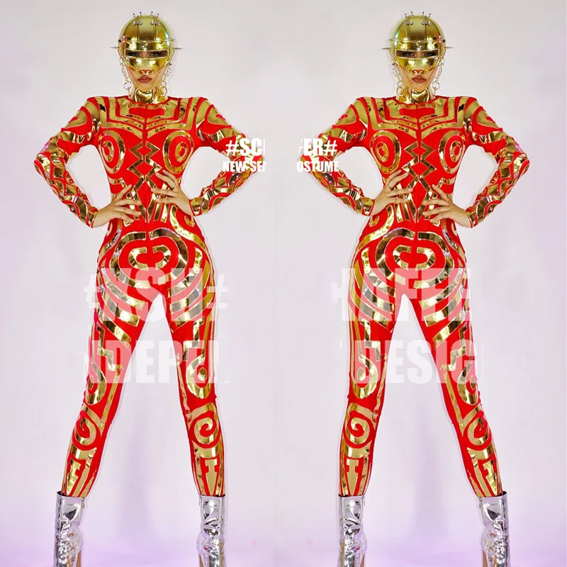 New Bar DJ DS Stage Performance Costumes Female Singer Long Sleeve Red And Gold Jumpsuit Men Technology Style Bodysuit DWY6192