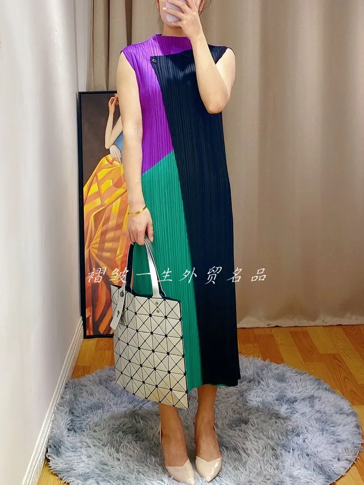 

HOT SELLING Miyake fold patchwork stand collar sleeveless dress IN STOCK