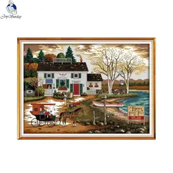 Living by the Water, Scenery Cross Stitch Kits 14CT 11CT Count Canvas Embroidery Set DIY Needlework Kit Home Decoration Painting