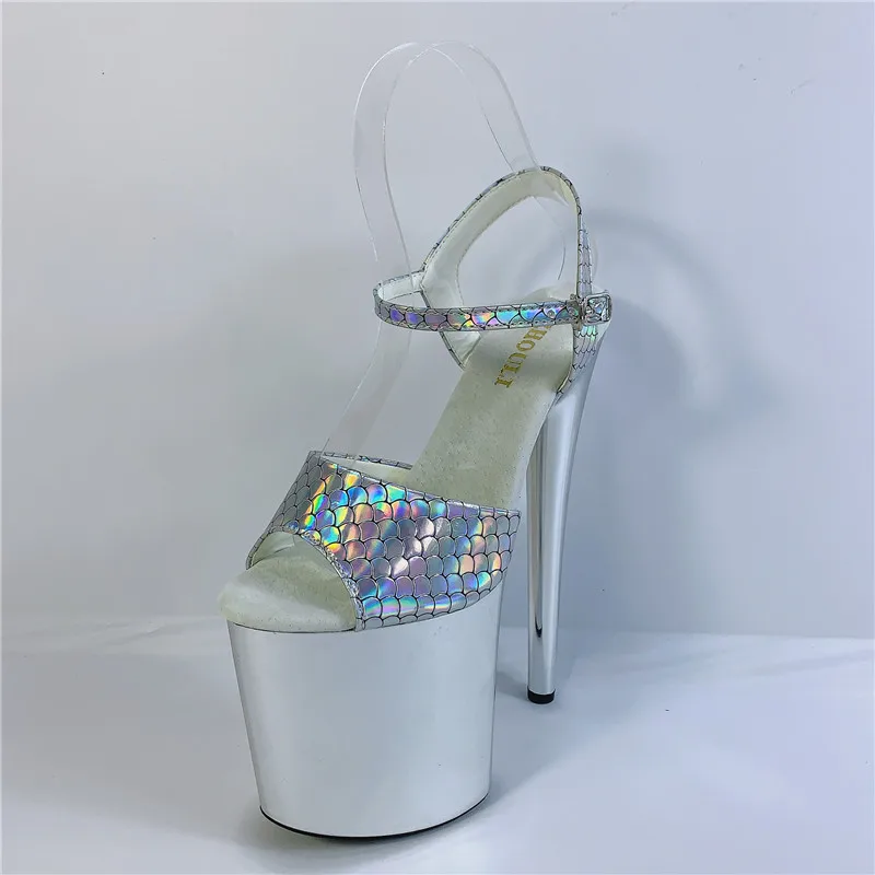 8 inch high heel banquet stage shoes, fish scale upper silver plating 20 cm stiletto sandals, sexy model pole dancing shoes