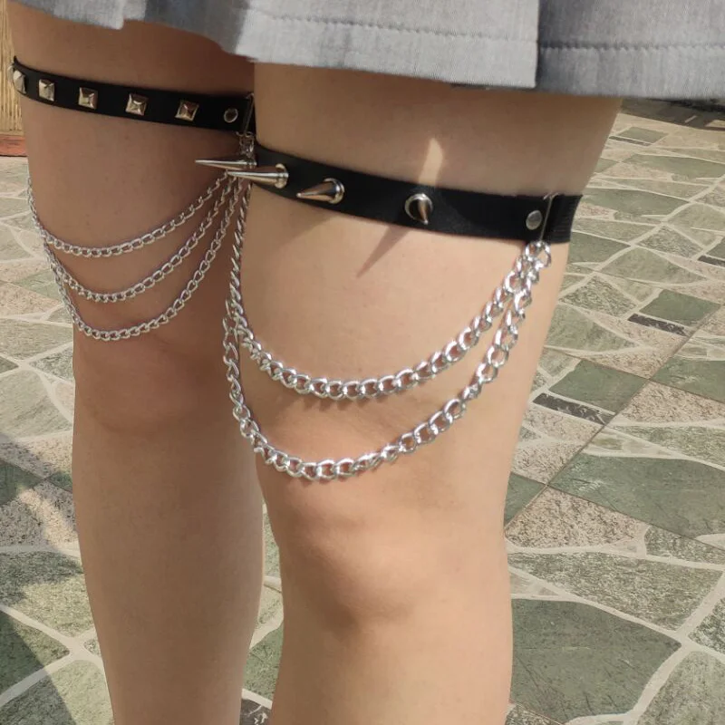 Rivets pu leather Leg Tassel chain Sexy Punk love leg garter sock Harness Adjustable Bondage cosplay goth Foot ring Anklet