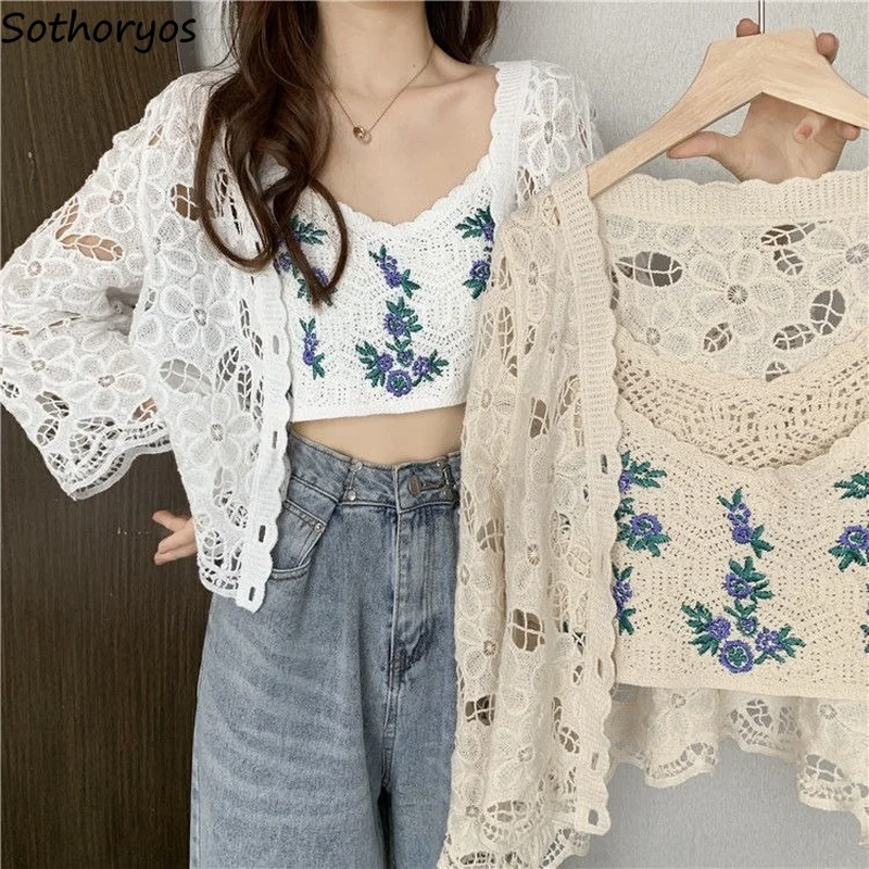 

Women Cardigans Single Breasted Solid Flower Hook Hollow Design Sweet Retro Elegant Female Fashion All-match Streetwear Gentle