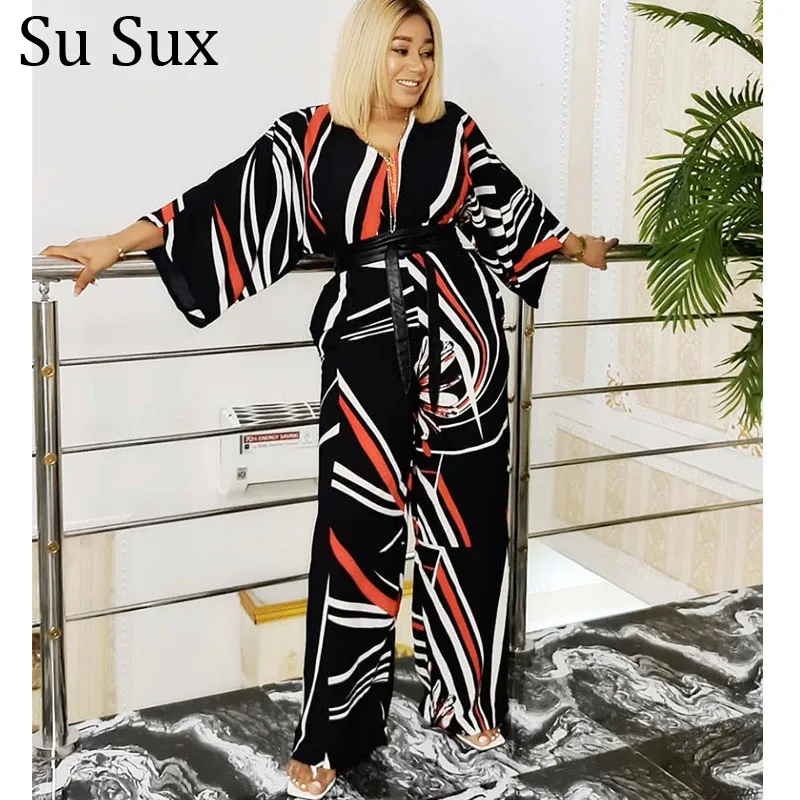 Mùa Xuân Năm 2021 In Jumpsuit Phi Váy Đầm Cho Nữ Plus Kích Thước Châu Phi Quần Áo Liền Quần Cổ V Tay Dài Quần Dài Jumpsuit