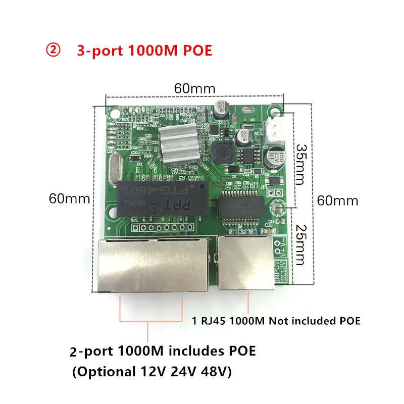 Módulo de interruptor gigabit de 3 portas, amplamente usado em linha de led, 5 portas 10/100/1000 m, porta de contato, mini módulo de comutador, placa-mãe pcba