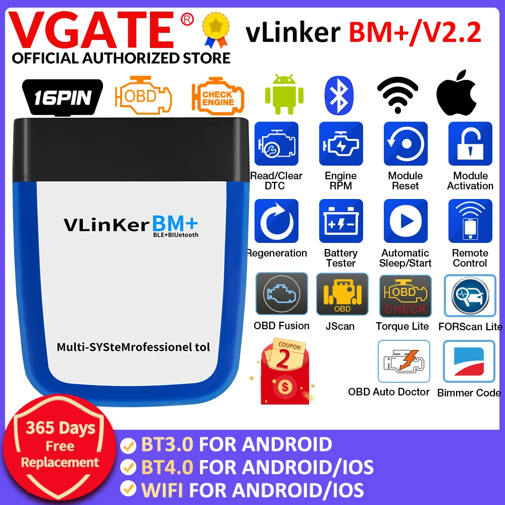 Vgate vLinker BM ELM327 V2.2 OBD2 Scanner Bluetooth-Compatible 4.0 Car Diagnostic Auto Tool Bimmercode PK ELM 327 For BMW