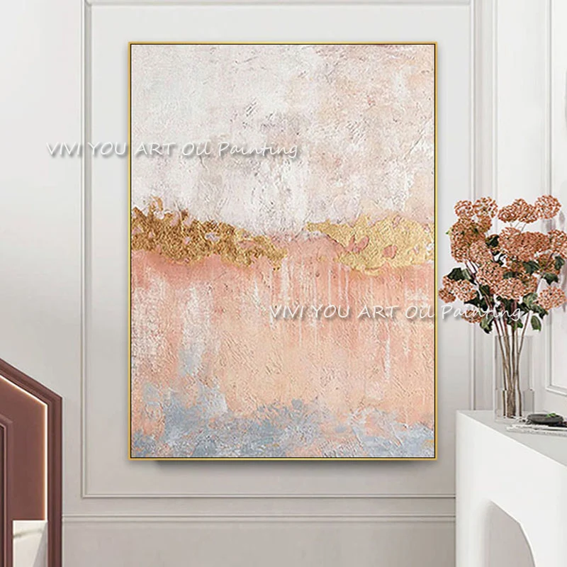 

100% hand-painted oil painting modern Large light luxury pink gold foil abstract paintings For living room Home Gifts Artwork