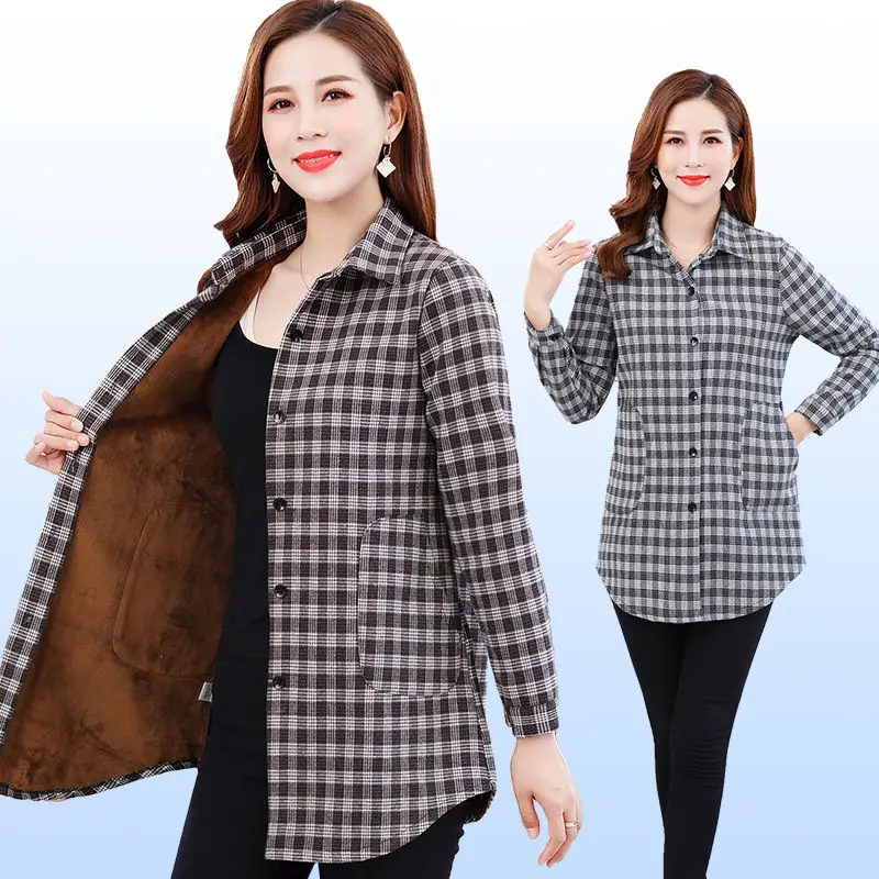 

Plus velvet Thick Women Plaid Shirt 2021 Autumn Winter Loose Middle-aged Mother Cotton Plus size Warm Blouse Casual Female Tops