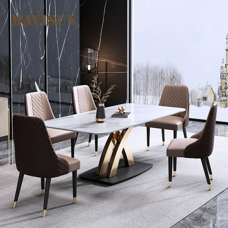 Light Luxury Rock Slab Dining Table High-End Rectangular Marble Household Small Apartment Modern Simple Bright Furniture Set