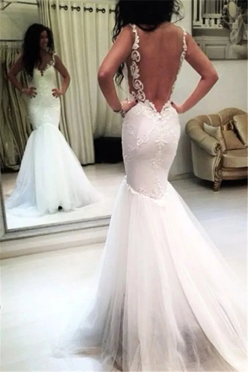 Sexy Mermaid Wedding Dresses Backless Spaghetti Straps Applique Lace Tulle 2024 Beach Summer Bridal Gowns Robe De Mariee Custom