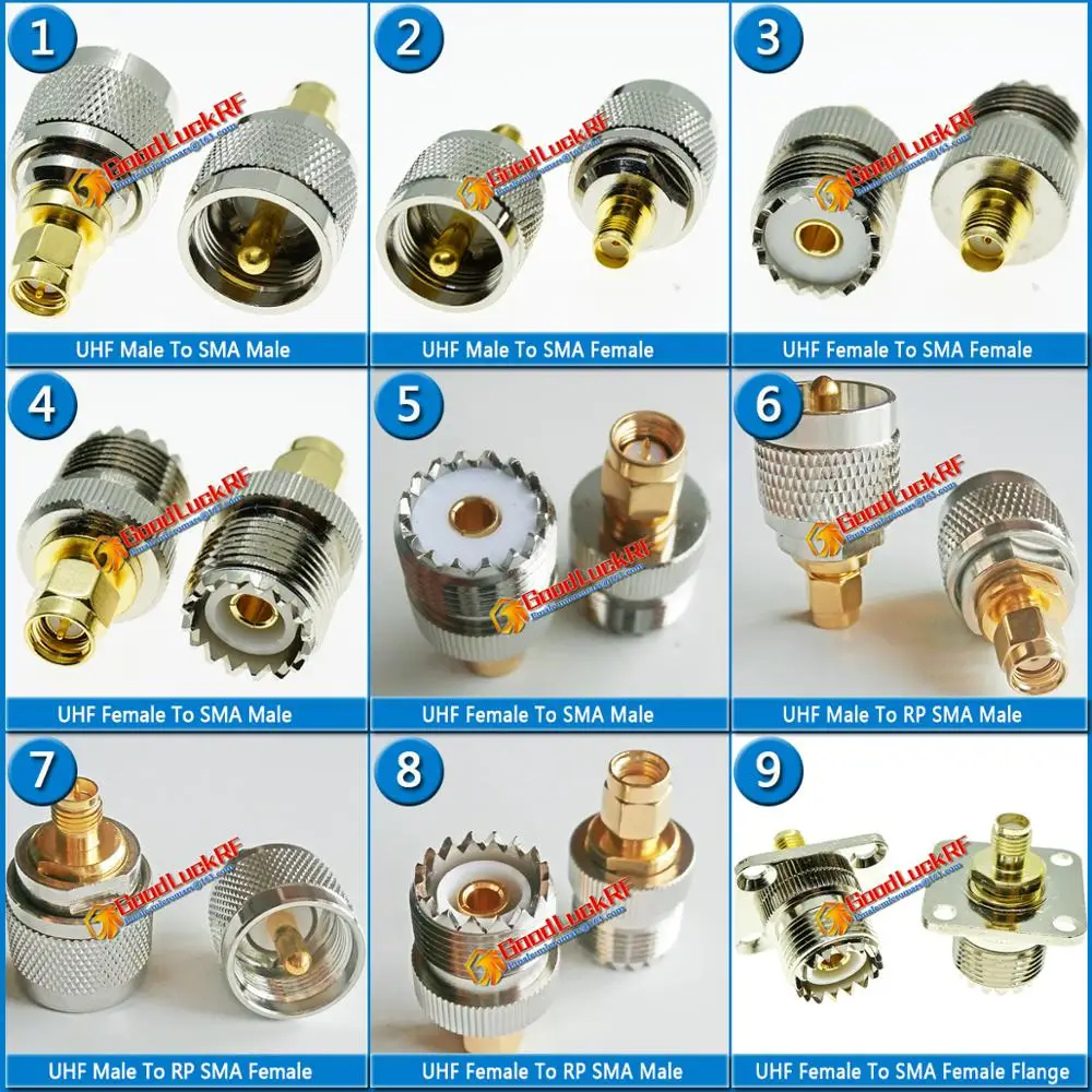 9 Pcs/lot Kit Set PL259 SO239 UHF To SMA Connector Coax Socket UHF - SMA Straight 25*25mm Flange Brass RF Coaxial Adapters