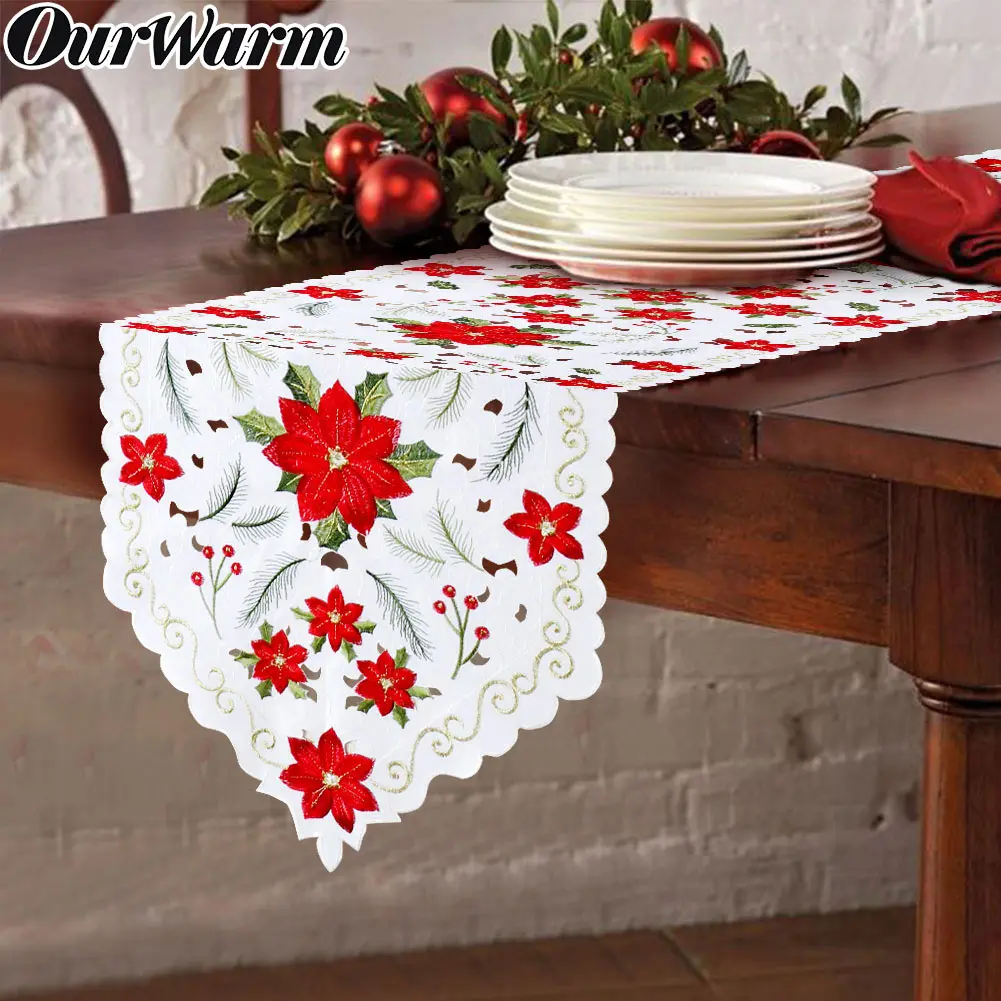 

OurWarm Table Runners Embroidered Table Runner Poinsettia and Holly Leaf Wedding Table Decoration for Home Decorations 70"x15"