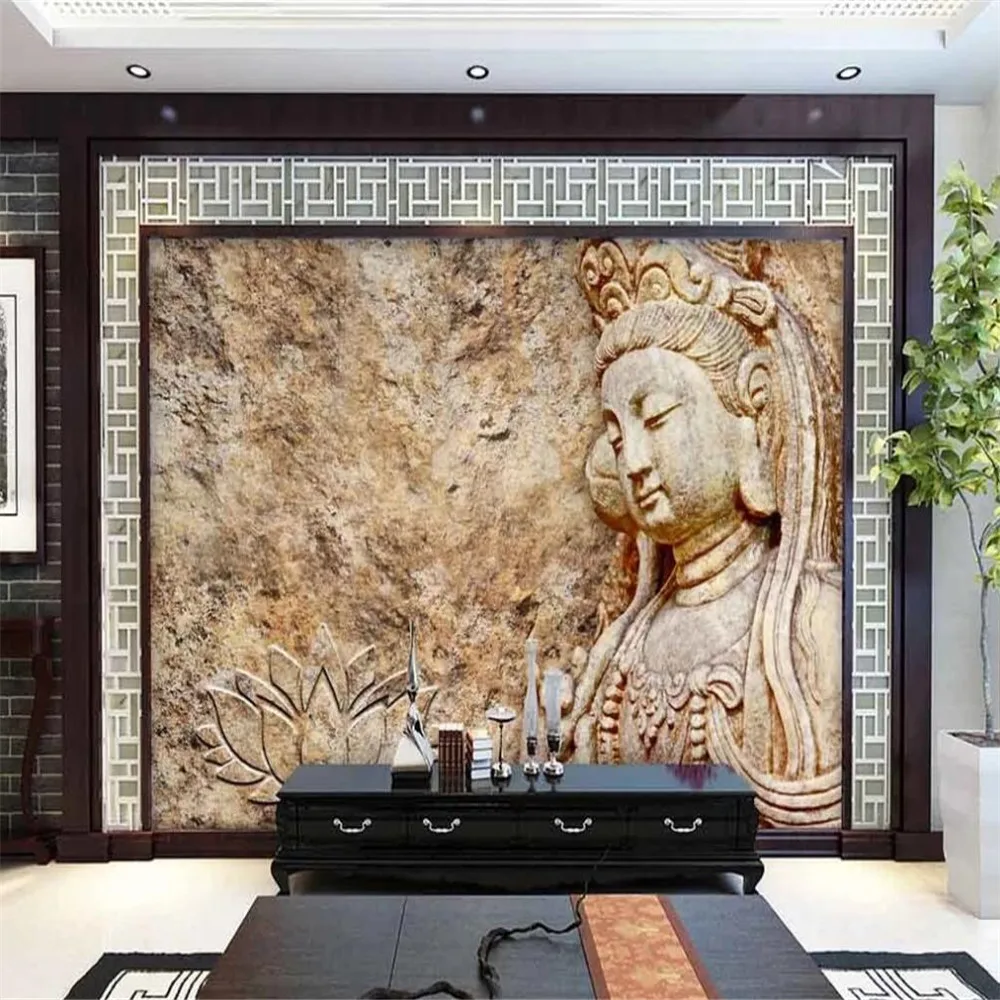 Milofi Custom 3D Wallpaper Mural Stone Carving Buddha Statue Guanyin Buddha Background Wall Decoration Painting Wallpaper