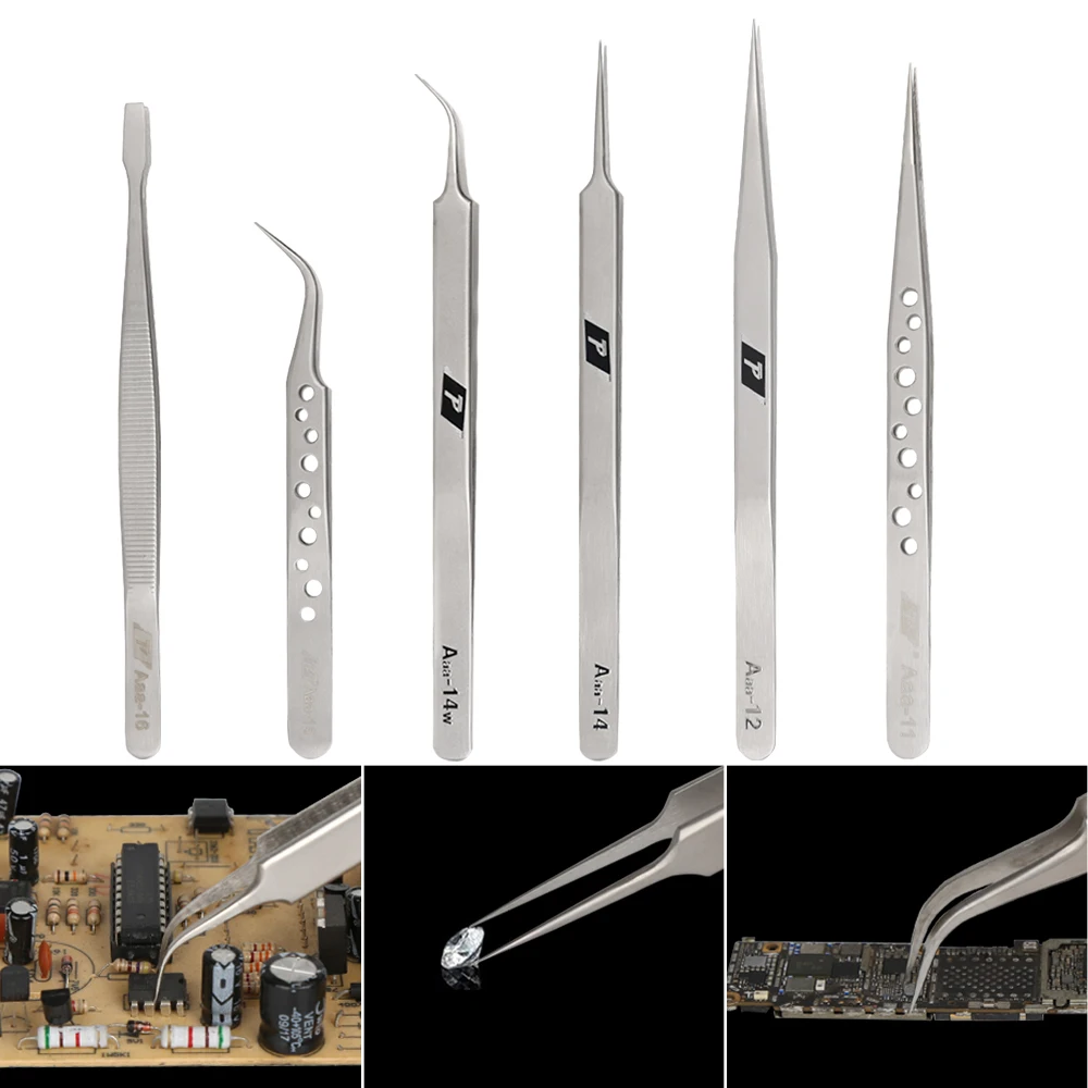 Electronics Industrial Tweezers Anti-static Curved Straight Long Stainless Steel Tweezers kit Special tip Maintenance Hand Tools