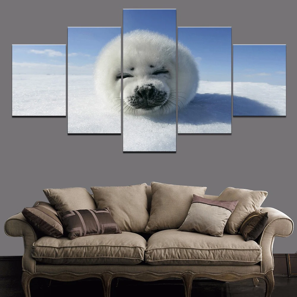 

5 Pieces Wall Art Canvas Painting Sea Lion Animal Snowfield Poster Home Decoration Modular Pictures Modern Living Room Framework