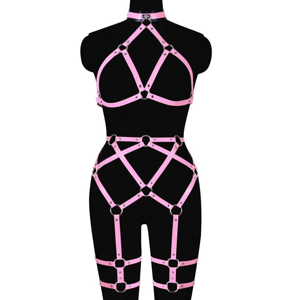 

Leather Sexy Lingerie Rave Wear Goth Stockings Garter Belt Dress Punk Suspender Belt Harness Erotic Bra Body Harness Bondage Set