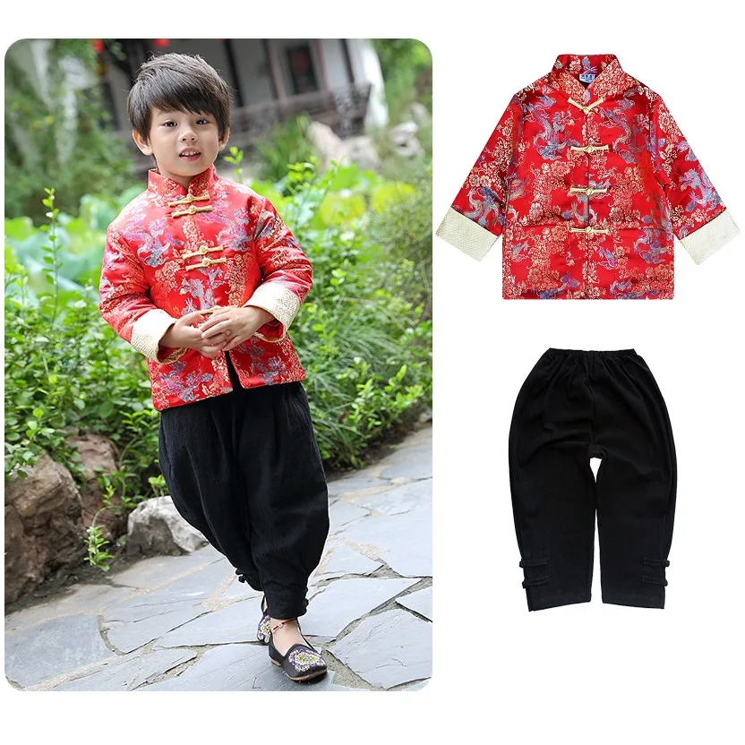 Traditional Boy Jacket Tang Suit Cardigan Chinese New Year Costumes Kungfu Cheongsam Kids Clothes Outfits Boys Coat Tops Uniform