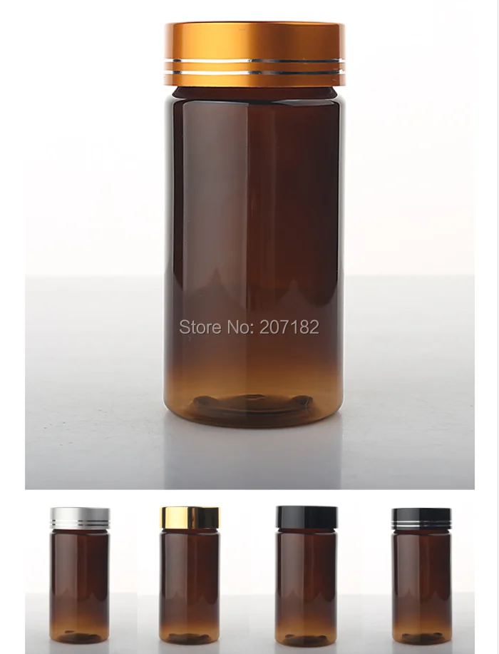 100pcs 80ml PET Brown Color Capsules/Pills/Medicine/Powder/Vitamins/Candy Plastic Bottles---Black/Silver/Golden Metal Lids