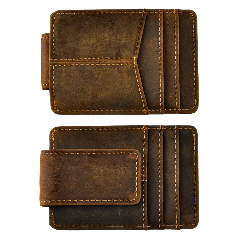 Leather Magnetic Money Clip Men Father's Day Gift Wallet Card Photo Holder Design Handy Front Pocket Wallet Mini Purse Male 1017