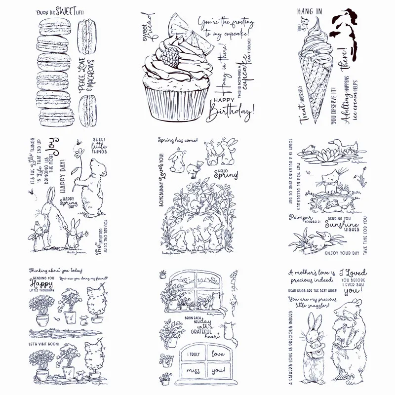 Slimline Macarons Ice Cream Cupcake Windowsill Kitten Bunnies Clear Stamps Transparent Stamp Clear Stamps for DIY Scrapbooking