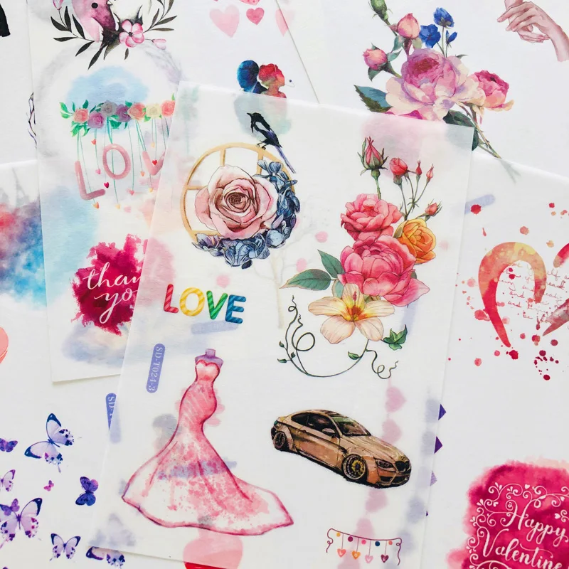 Love Wedding Flamingo Washi Paper Sticker, Etiqueta adesiva decorativa, 6 folhas