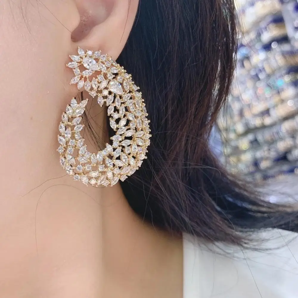 Luxury Popular Geometry Drop Cubic Zirconia 50MM Big Wedding Earring Fashion Jewelry For Women,Bridal Engagement Jewelry E7706