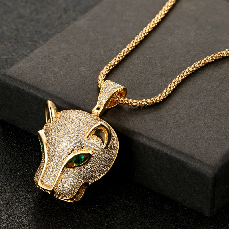 

Zlxgirl jewelry full mirco paved cubic zircon leopard men's punk pendant of party gifts brand Green leopard Gold Chain necklace