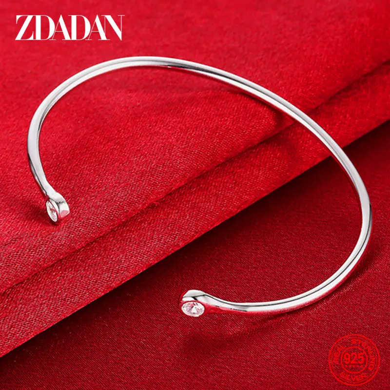 ZDADAN 925 Sterling Silver CZ Open Cuff Bracelet For Women Fashion Wedding Jewelry Gift