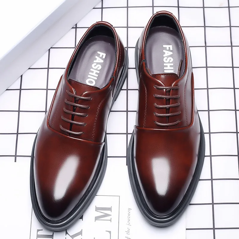 Men\'s Dress Shoes Lace-up Casual Business Leather Shoes for Men Black Brown Pointed Toe Formal Wedding Shoes Zapatos De Hombre