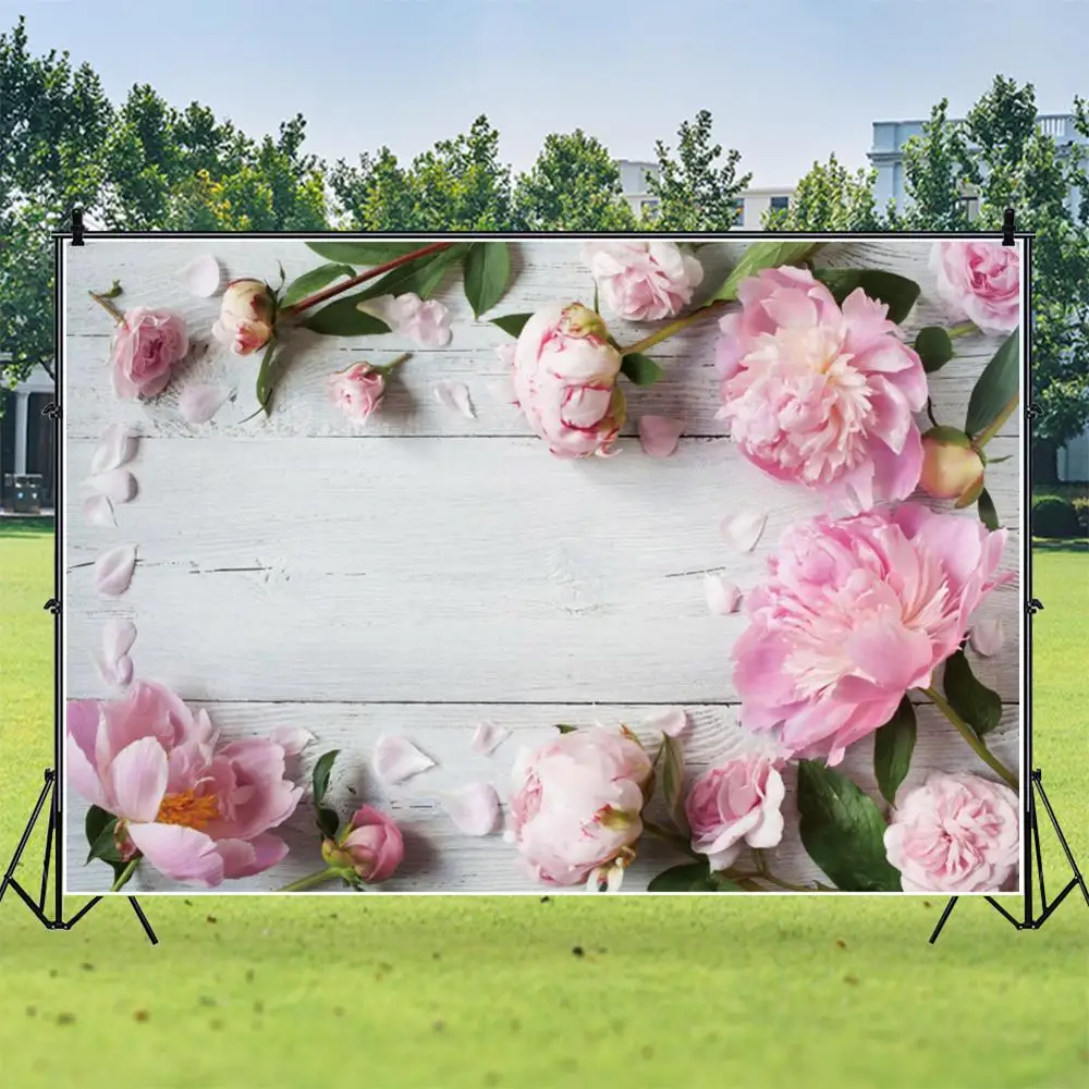อีสเตอร์ฤดูใบไม้ผลิดอกไม้สีชมพูสีขาวไม้กระดานทารกแรกเกิดวันเกิดการถ่ายภาพฉากหลังพื้นหลังไวนิลPhotophone Photocall Prop