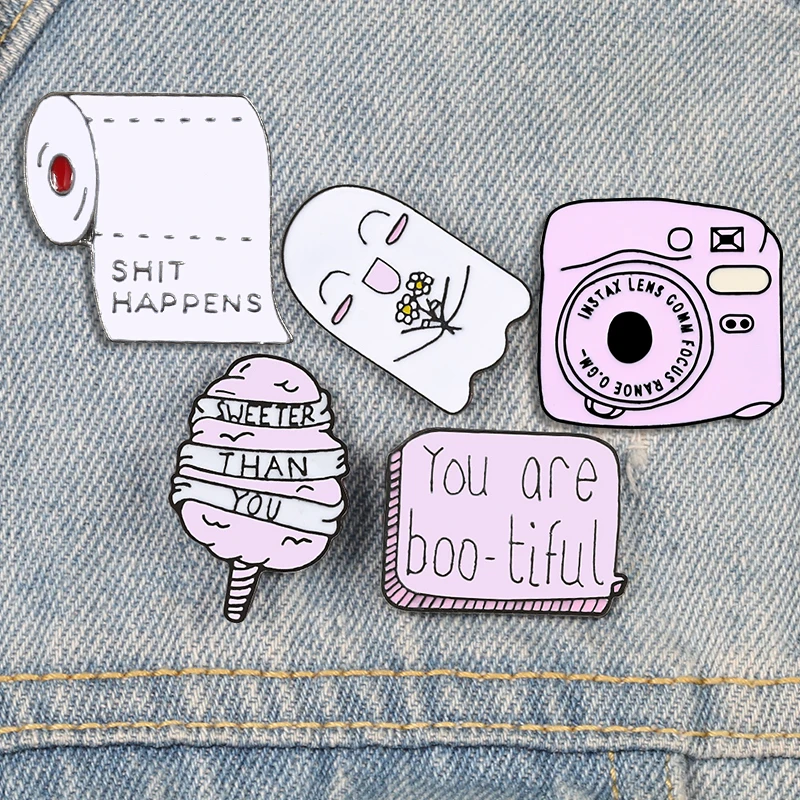 Cartoon Tooth Camera Sweeter Candyfloss Enamel Pins Badges Brooches Roll Paper Lapel Pin Denim Shirt Sweet Pink Jewelry Gift