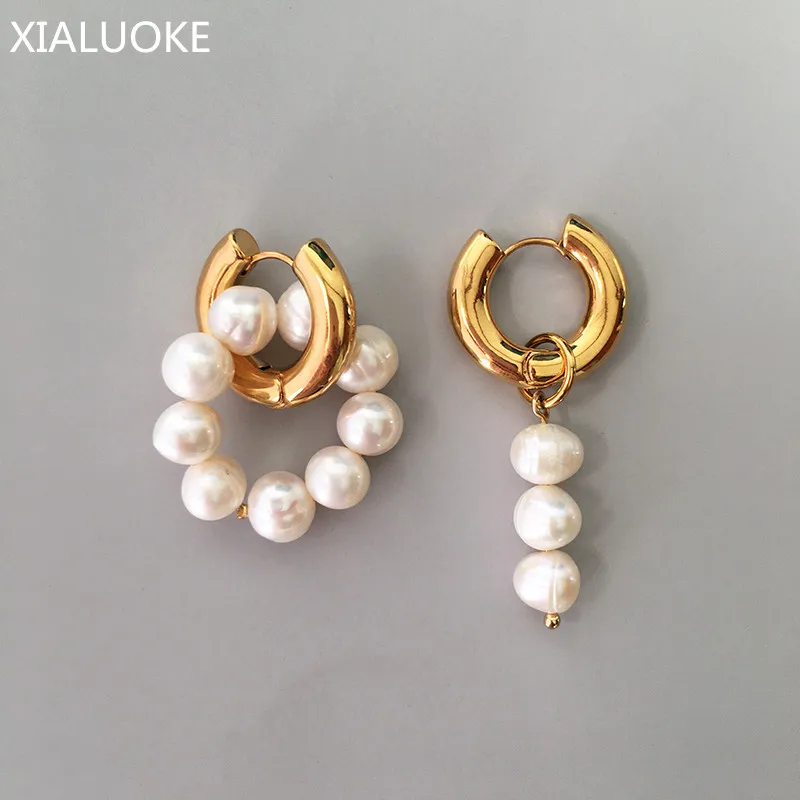 XIALUOKE Punk Metal Stainless Golden Round Earclip Earrings For Women Fashion Vintage Freshwater Pearls Drop Earrings Jewelry A8