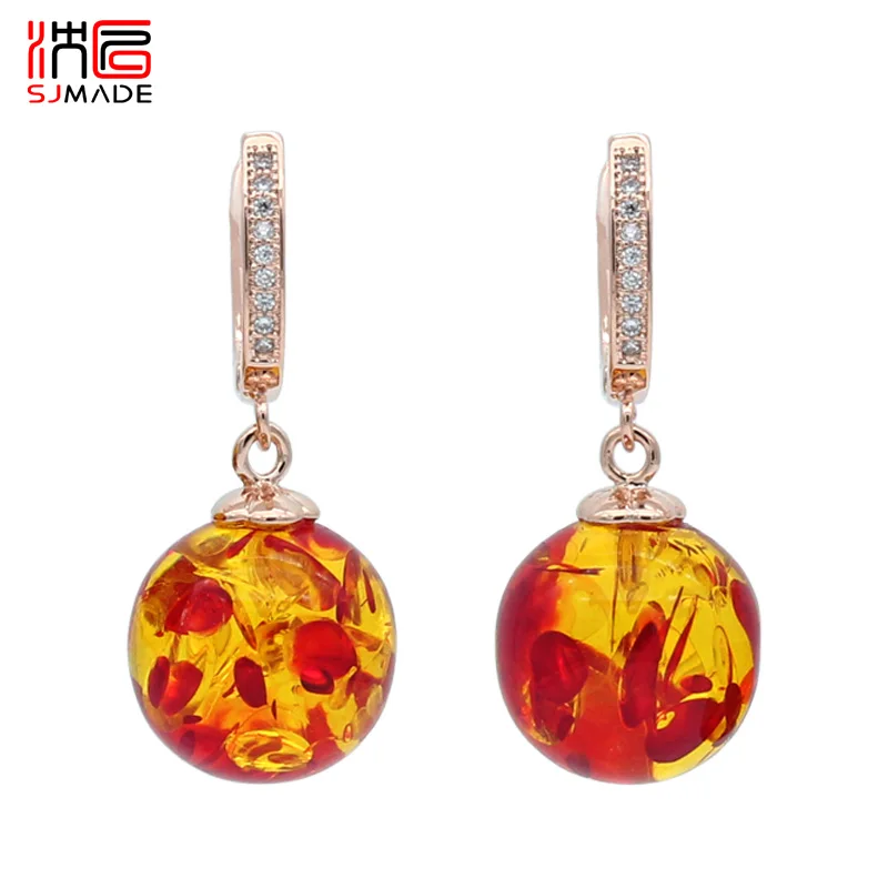 SHENJIANG New Vintage Fashion Round Flower Ambers Dangle Earrings 585 Rose Gold Color Eardrop For Women Wedding Jewelry