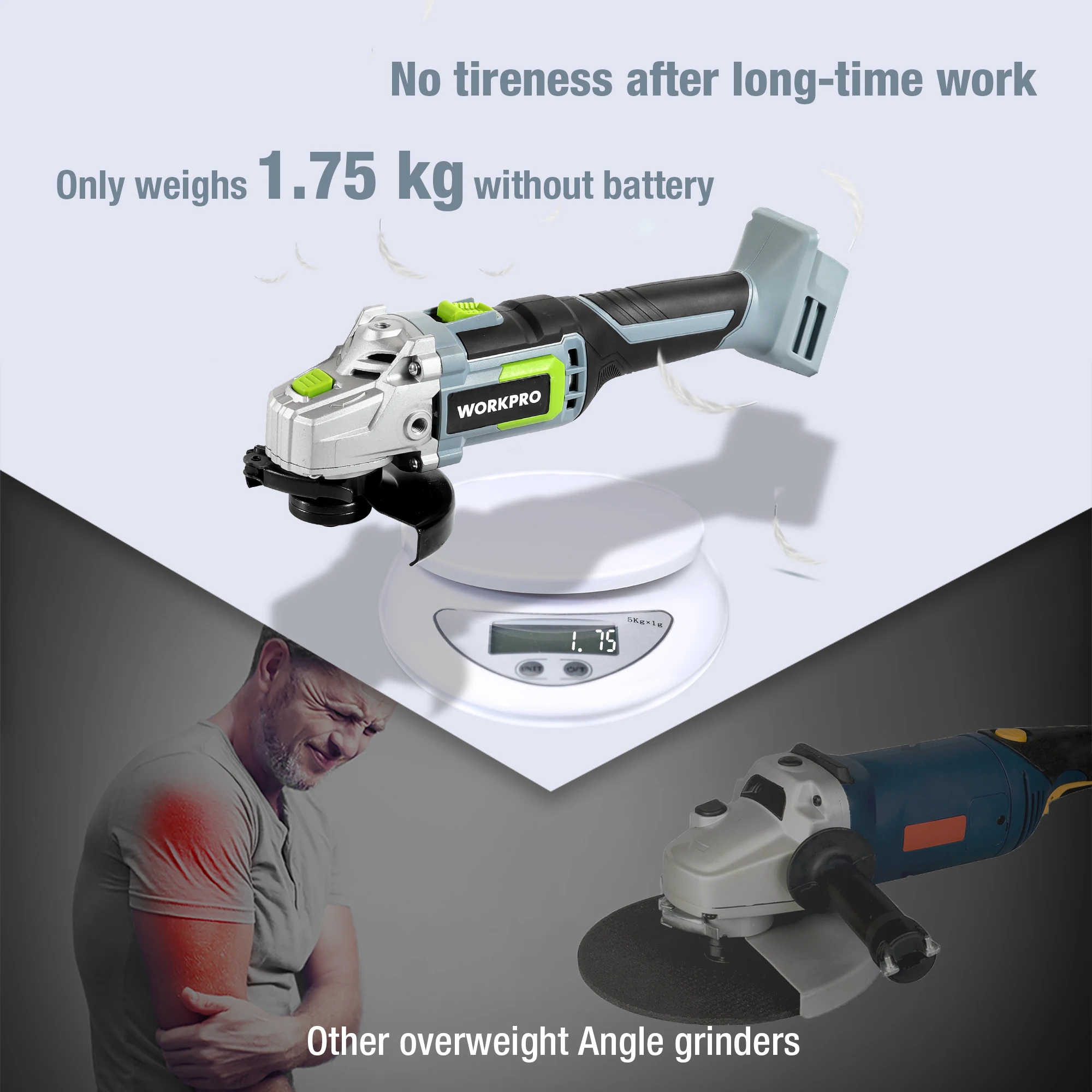 WORKPRO 20V Lithium-ion Cordless Angle Grinder 125mm With Battery and Charger Included For Cutting  Polishing and Grinding