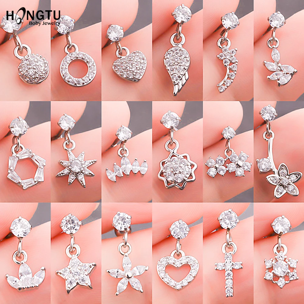 HONGTU 1PC Silver Color Flower Heart Hexagon Zircon Tragus Ear Piercing 20g Stainless Steel Daith Earrings Helix Cartilage Studs