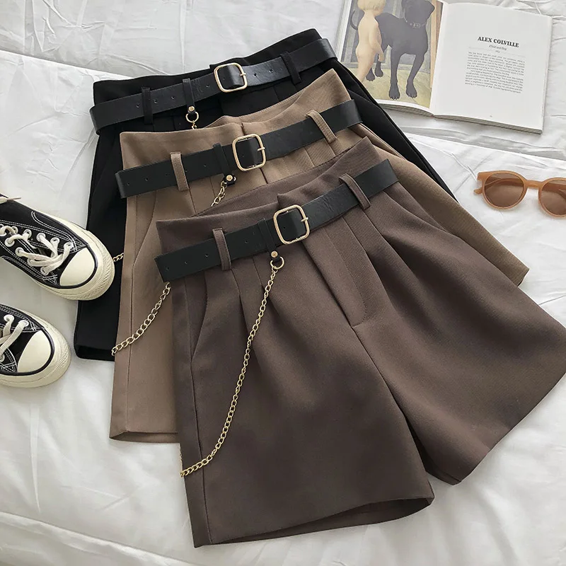 2021 New Casual Comfortable Elegant Wild Shorts With Belt Women\'s Woolen Shorts Autumn Winter Slim Wide Leg A-line Shorts