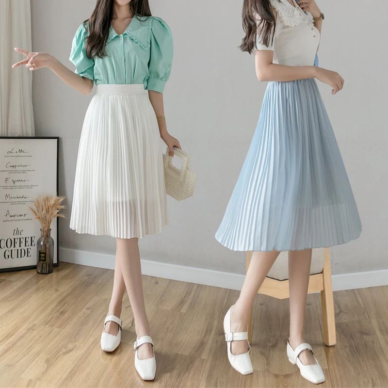 

2023 Cute Skirts Female Summer White Skirt Girls Pleated Skirts Vintage Women's Clothing High Waist Chiffon A-line Skirts D1198