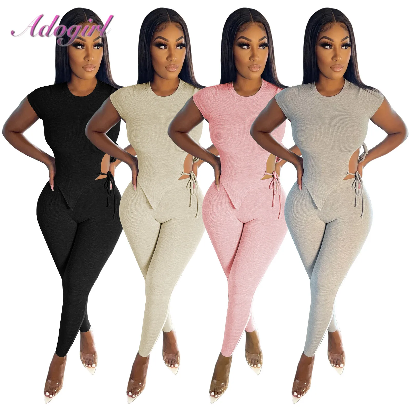 

Women Fitness Rib Knittwo Piece Set Solid Short Sleeve Crop Top Crop Top T-Shirt Leggings Sportwear Sweatpants Outfit Tracksuit