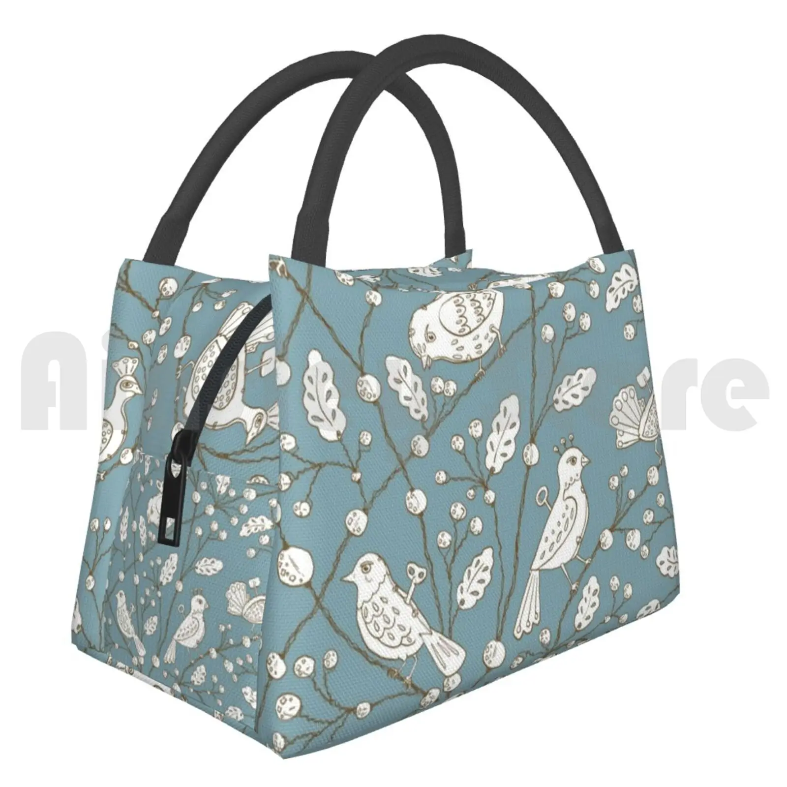 

Cooler Lunch Bag Picnic Bag Clockwork Birds In Blue Wind Up Bird Tin Clockwork Bird Vine Chinoiserie