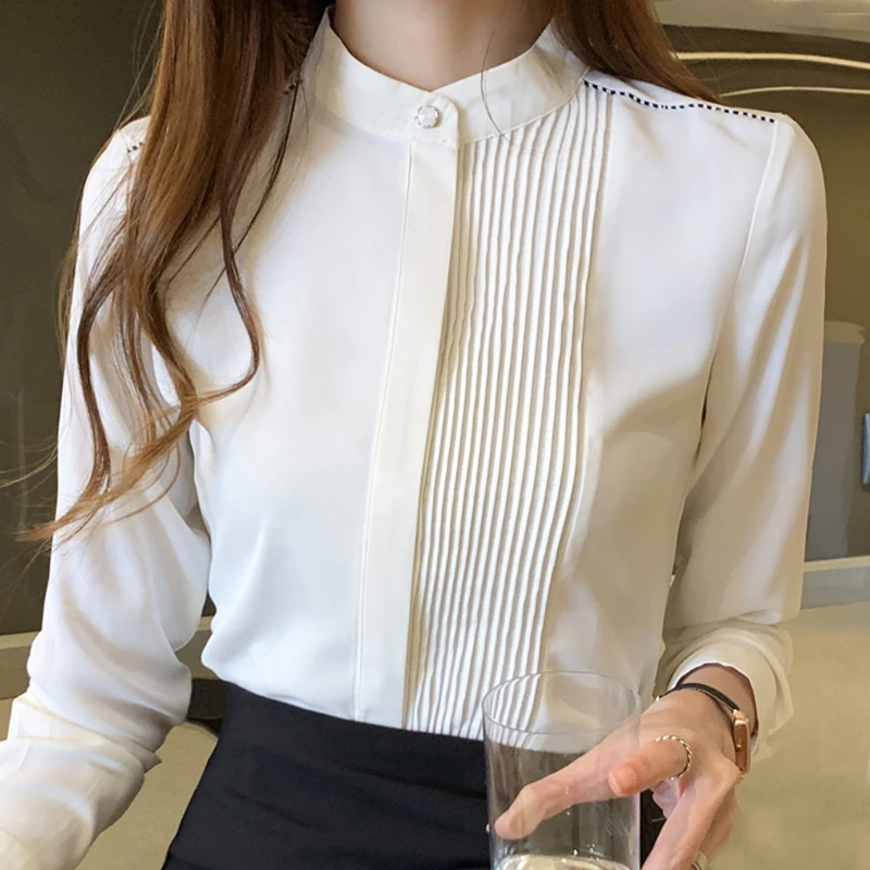 Blusas Blouses Femme Long Sleeve Blouse Women Blusas Mujer De Moda 2023 Stand Collar Chiffon White Blouse Shirt Tops Women E225