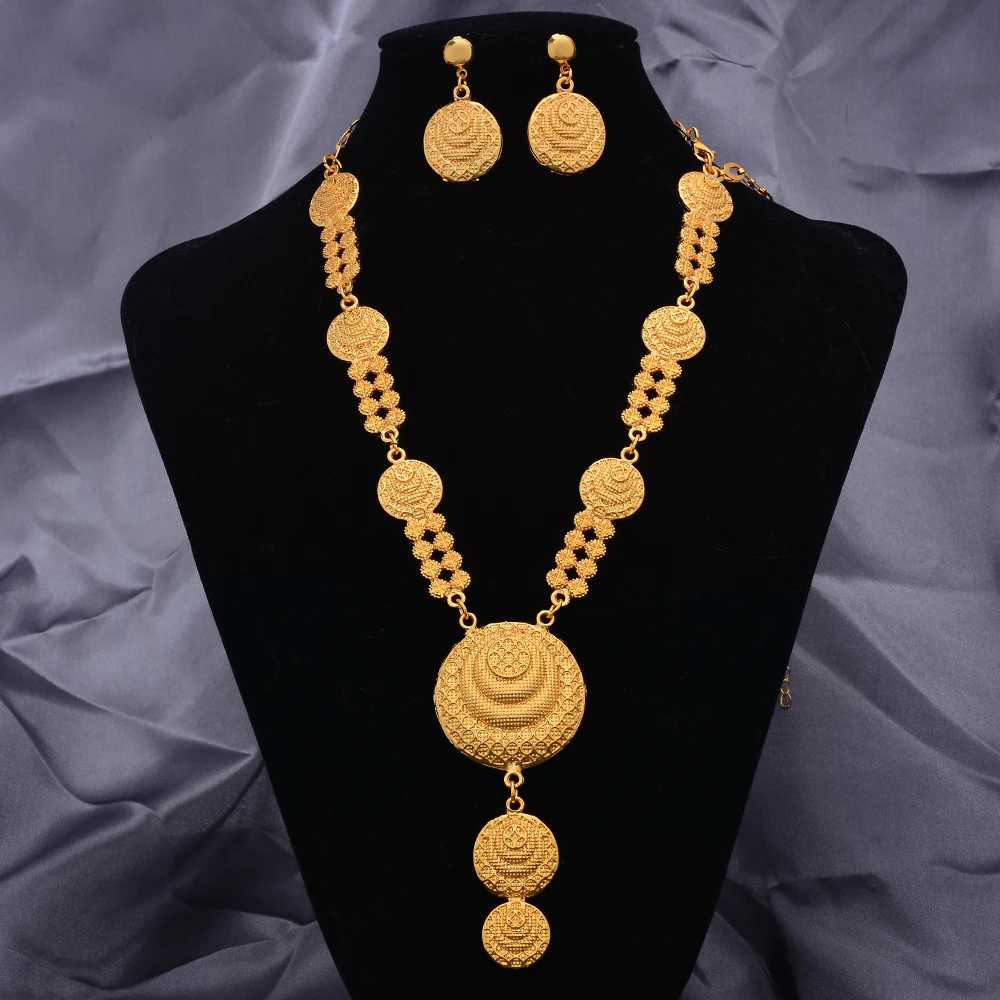 24k Gold Color Jewelry Sets For Women Girl Necklace Earrings India Wedding Ethiopian Jewelry Set