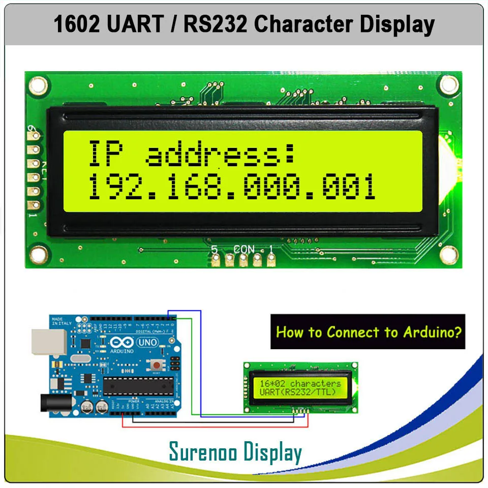 CMOS UART RS232 Serial 1602 162 16*2 Character LCD Module Display Screen LCM for Arduino, Support Keyboard Blue Yellow Green