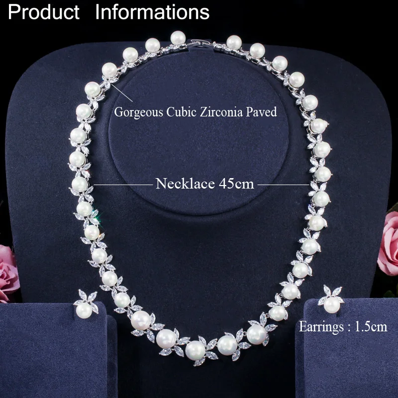 CWWZircons Shiny Cubic Zirconia Paved Round Big Pearl Bridal Wedding Party Necklace Earrings Jewelry Sets for Women T359