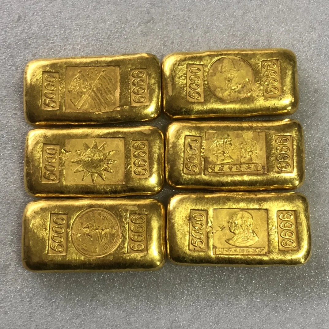 Exquisite Antique Republic of China Copper Gilded Gold Ingot 6pcs Set /Pattern sent randomly