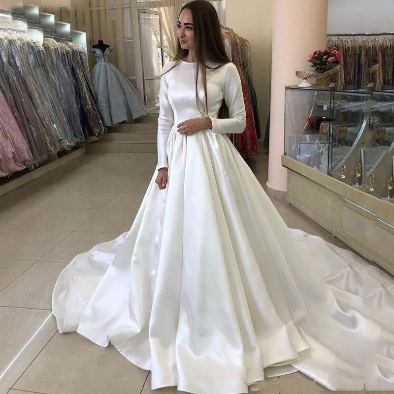 

MYYBLE Princess Wedding Dresses Satin Long Sleeve Muslim Wedding Bride Dresses Long Train White Wedding Gown Vestido de novia