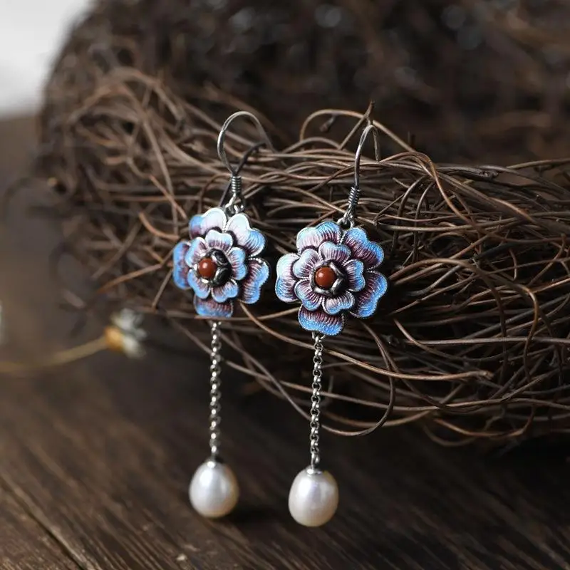 Natural Khotan jade  New silver burnt blue enamel inlaid  pearl long earrings Chinese style retro charm ladies brand jewelry