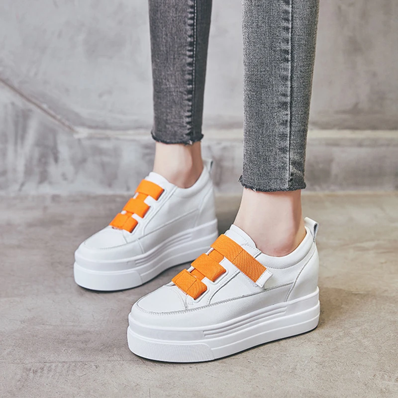 

Women's Genuine Leather White Shoes 2019 Spring Autumn Fashion Lace up Chunky Sneakers Woman Hidden Heel Shoes Female Sneaker